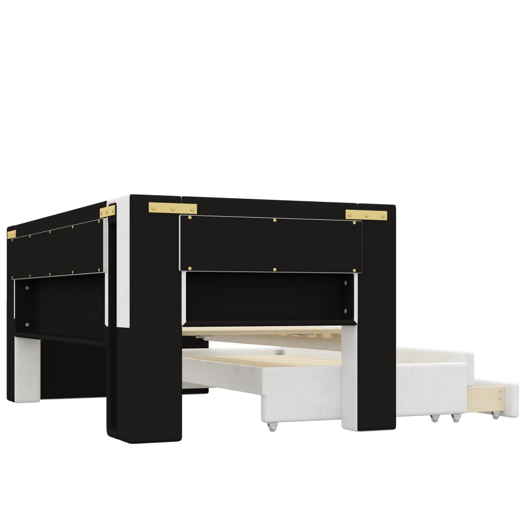 Letto singolo imbottito 90 × 200 cm con letto estraibile tre cassetti LED USB in MDF compensato bianco