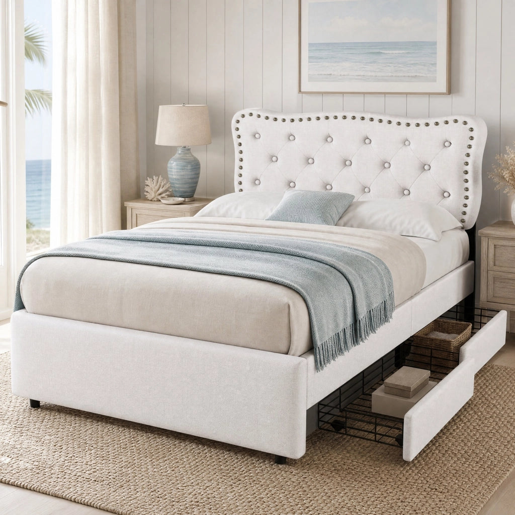 Letto singolo imbottito 90x200 cm con 2 cassetti e testiera regolabile; beige chiaro