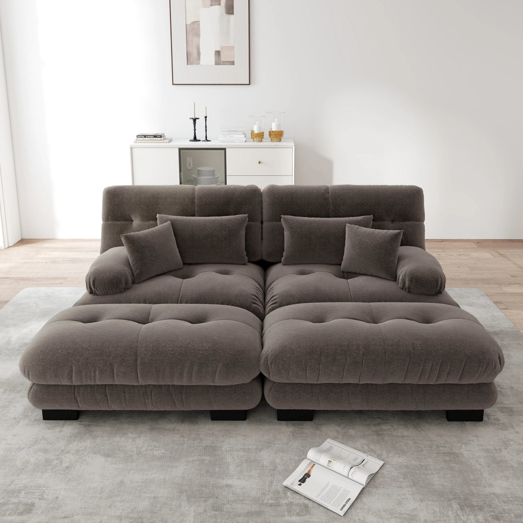 Divano modulare 220x145 cm con 2 ottomane e cuscini; per soggiorno; in ciniglia marrone