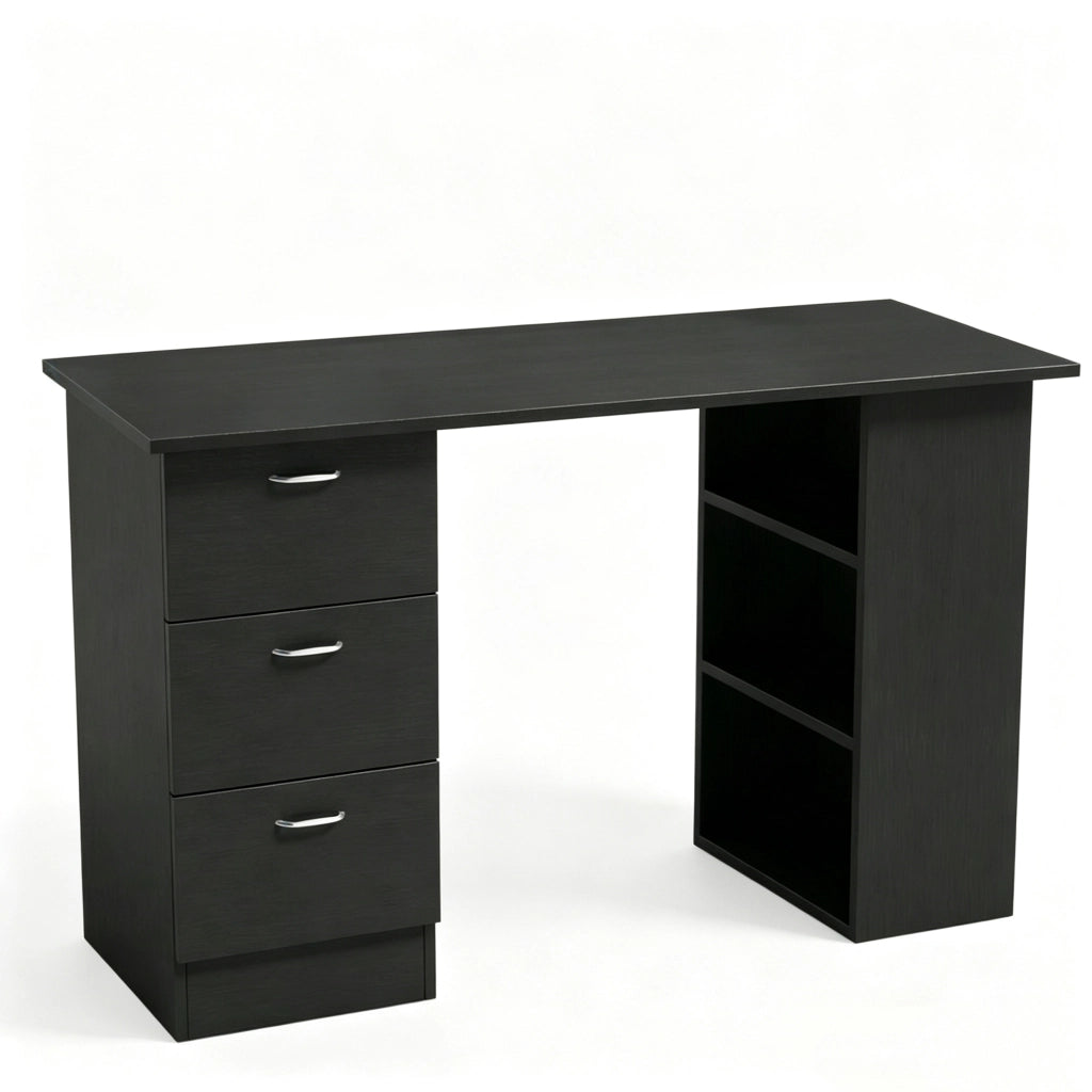 Scrivania per computer in MDF nera 120x49x72 cm con 3 ripiani e 3 cassetti, design modulare