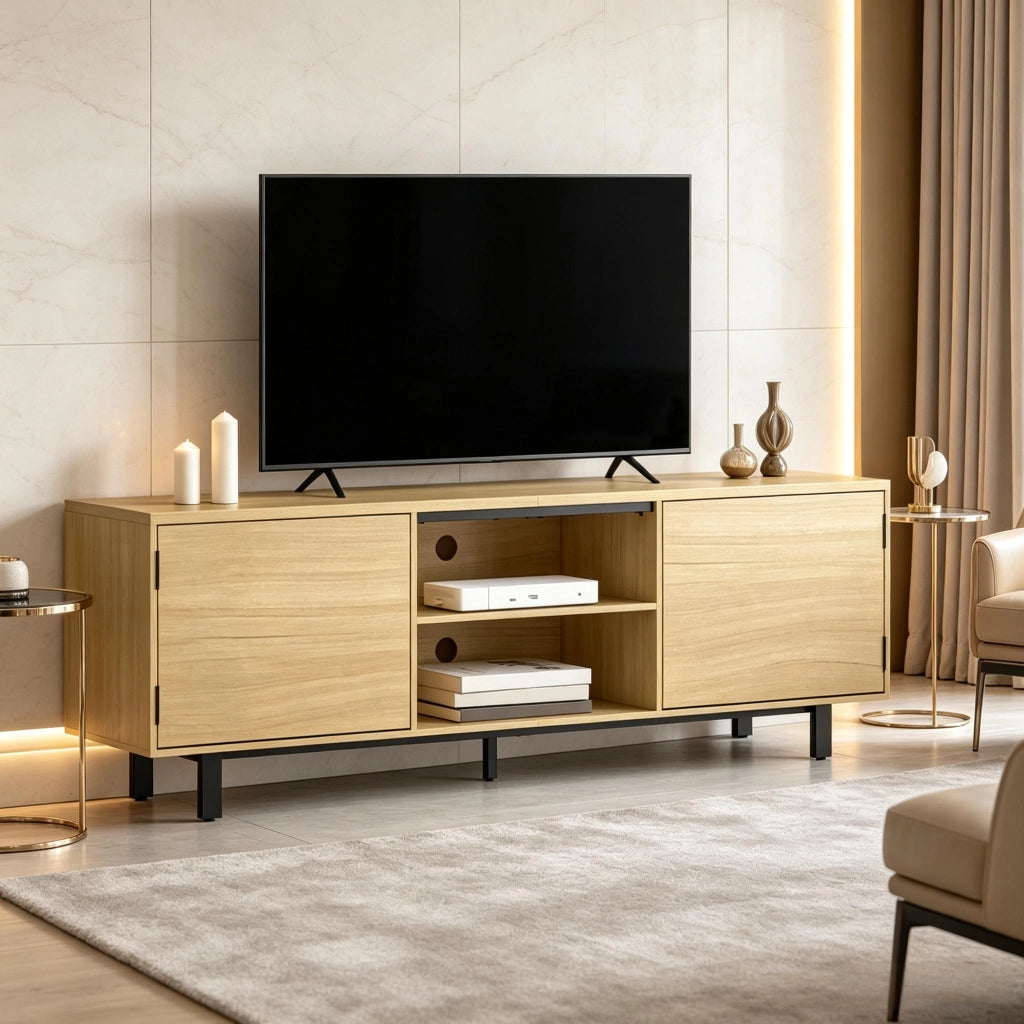 Mobile TV 160x35x55.5 cm con ante a pressione in pannello truciolare e metallo naturale e nero