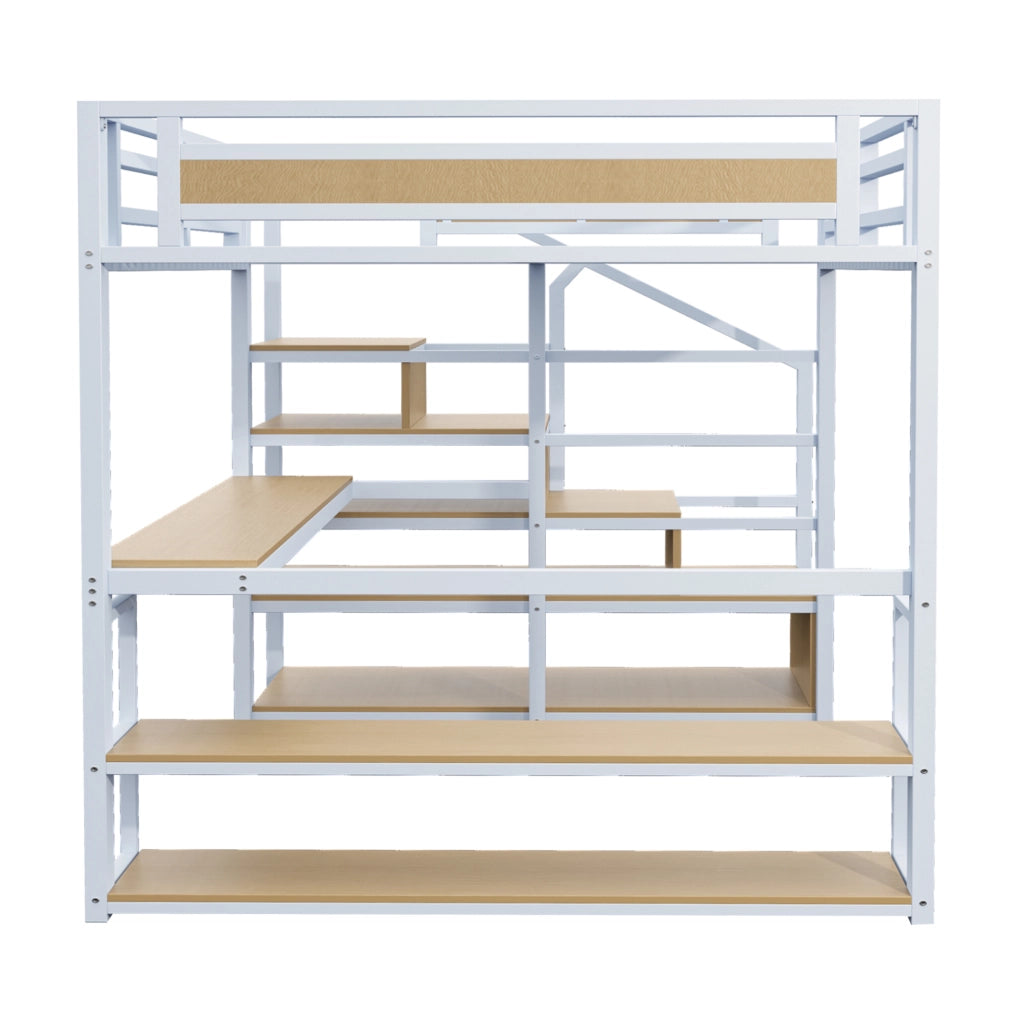 Letto a soppalco in metallo 140x200 cm con scrivania, scaffali e scala contenitore, bianco