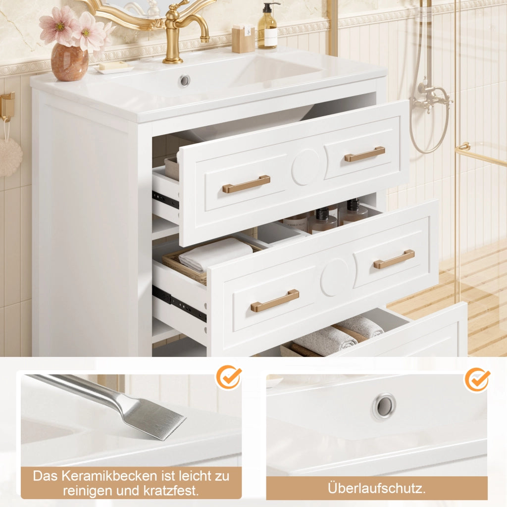 Mobiletto con lavabo in ceramica con 3 cassetti silenziosi in MDF laccato bianco 76.5 × 47 × 82 cm