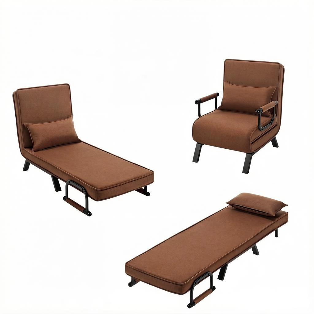 Poltrona letto 3 in 1 con schienale regolabile a 5 posizioni rivestita in lino marrone 184 × 26 × 65 cm