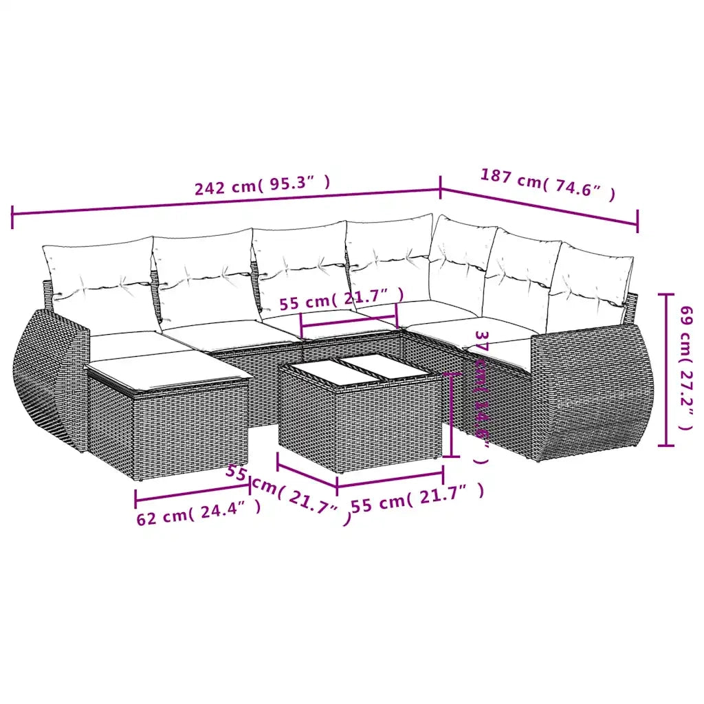Set Divani da Giardino 8 pz con Cuscini Marrone in Polyrattan 3221713