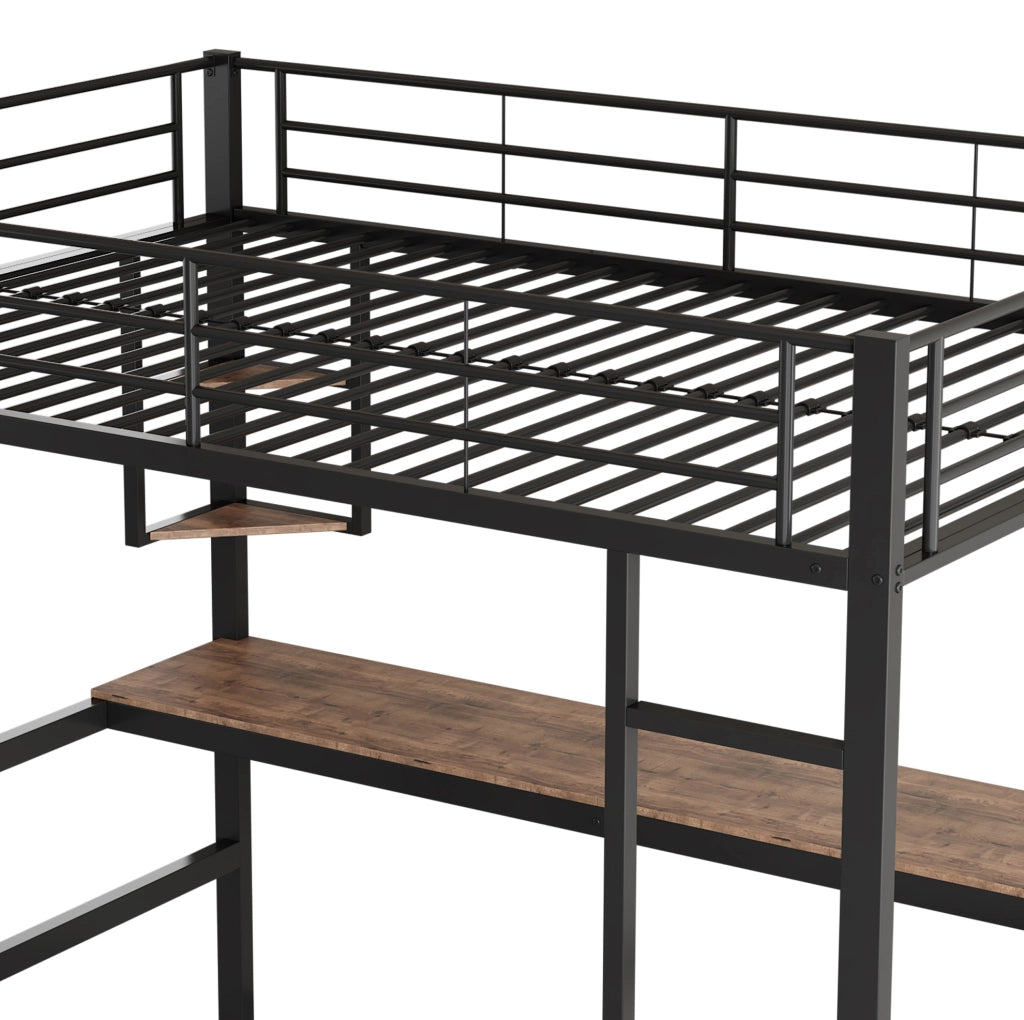 Letto a soppalco 90x200 cm in metallo con scrivania e libreria, nero