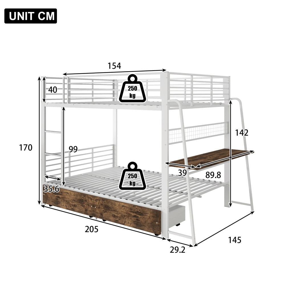 Letto a soppalco 140 × 200 cm con scrivania LED RGB prese USB Type-C 2 cassetti in metallo e MDF bianco opaco