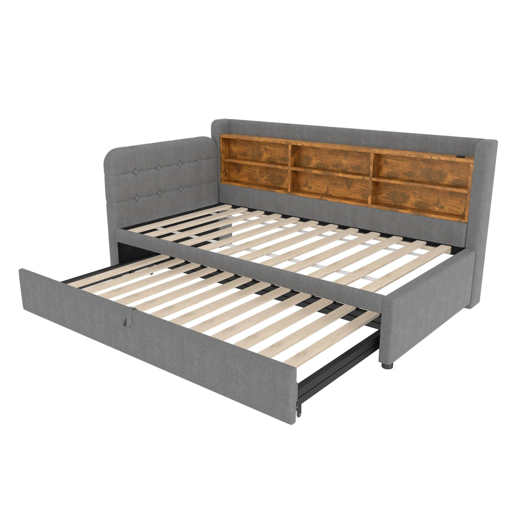 Letto 90x200 cm grigio – estraibile con USB e vani portaoggetti, senza materasso