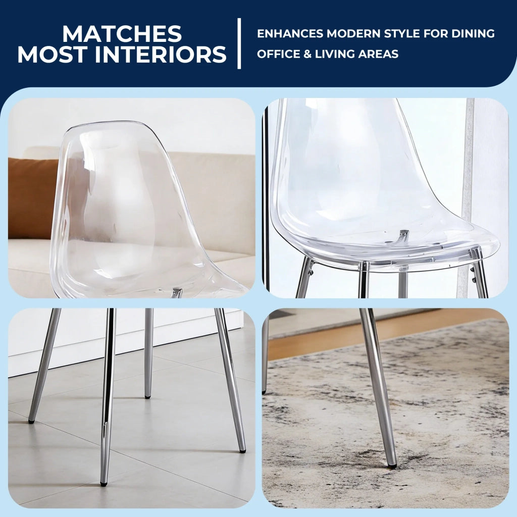 Set 4 Sedie a Cucchiaio in PET Acrilico Trasparente, Gambe Argento Eleganti, Design Moderno Chic per Sala da Pranzo