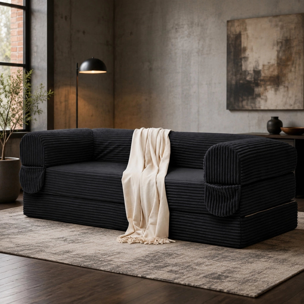 Divano letto 2 posti 190x78x65 cm in tessuto a coste nero， letto aggiuntivo salvaspazio