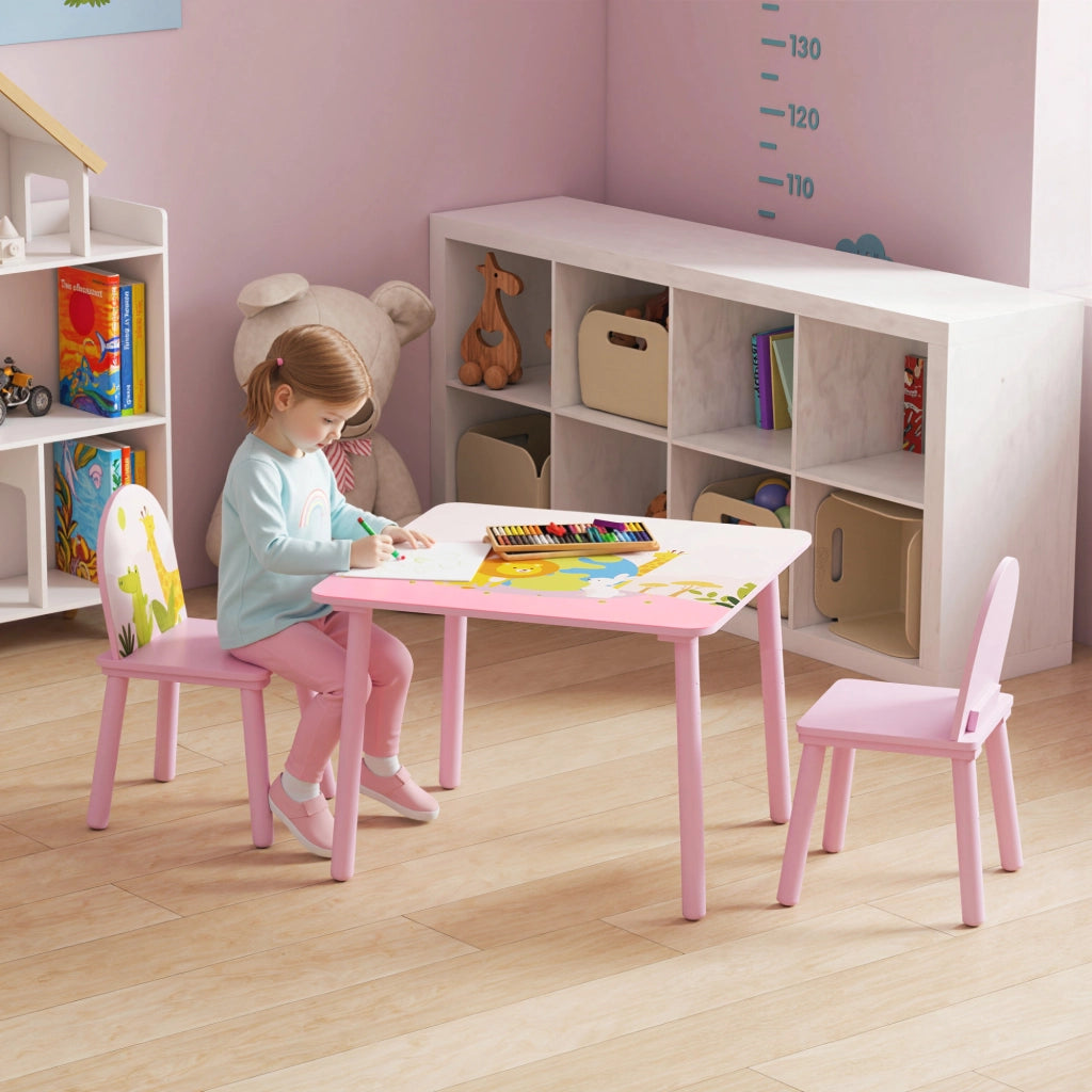 Set 3 Pezzi Tavolo e Sedie per Bambini 3-8 Anni in MDF e Legno di Pino Rosa con Motivi Animali Bordi Arrotondati Robusto Facile da Montare