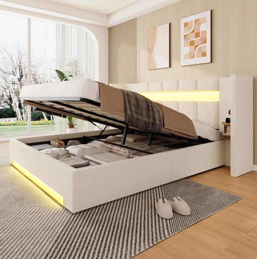 Letto con struttura in velluto 160x200 cm con testiera larga, doppi USB, armadietti retro, luci LED e grande contenitore sottostante con tessuto non tessuto