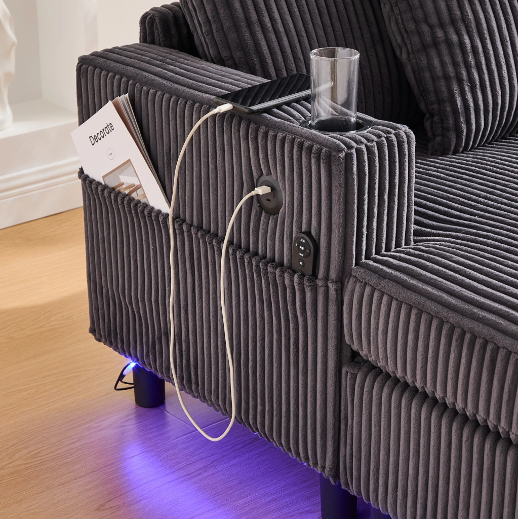 Poltrona Relax Oversize in Velluto con Luci LED, Porta USB e Portabevande, 142x128x85 cm, Carico 350 kg