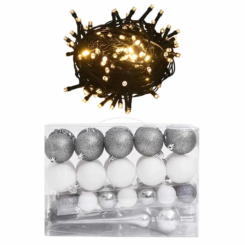 Set Natale con 60 Palline Punta e 150 Luci LED Bianco e Grigio 330099
