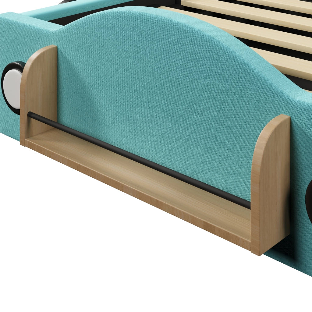 Letto singolo 90 × 200 cm con contenitore idraulico, tasche laterali e libreria, senza materasso, blu