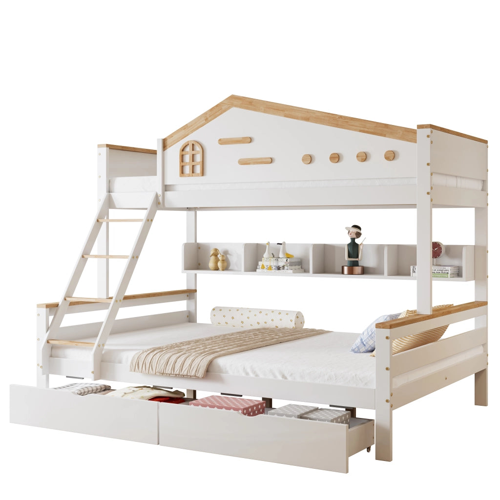 Letto a castello per bambini in pino e MDF bianco e naturale con due cassetti; finestrella e scaletta; 90x200 e 140x200 cm