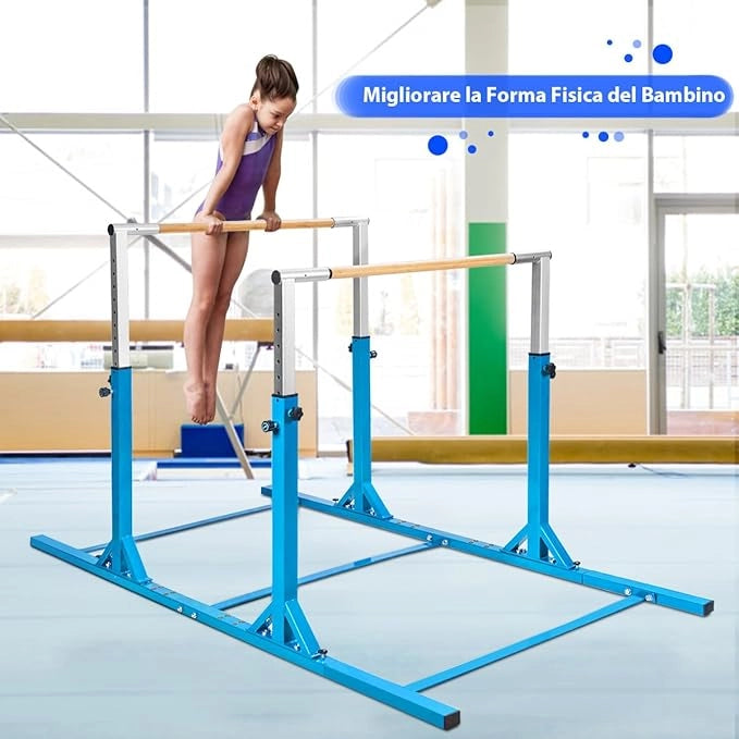 Parallele Doppie per Ginnastica, Sbarre Orizzontali Doppie con Larghezza Regolabile e 11 Altezze, capacità di Carico di 100 kg, Sbarre di Allenamento per Bambini 6-12 Anni