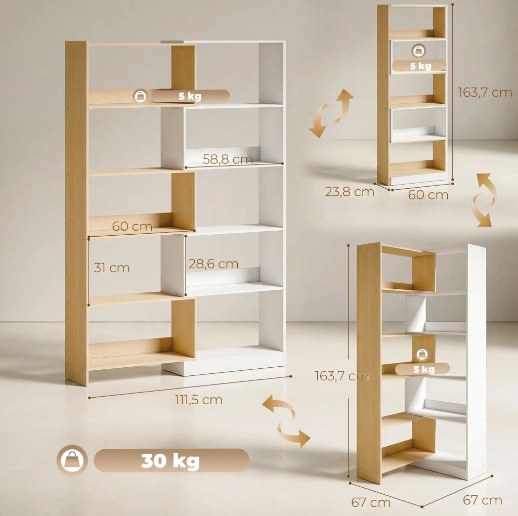 Libreria modulare a 5 ripiani rovere e bianco