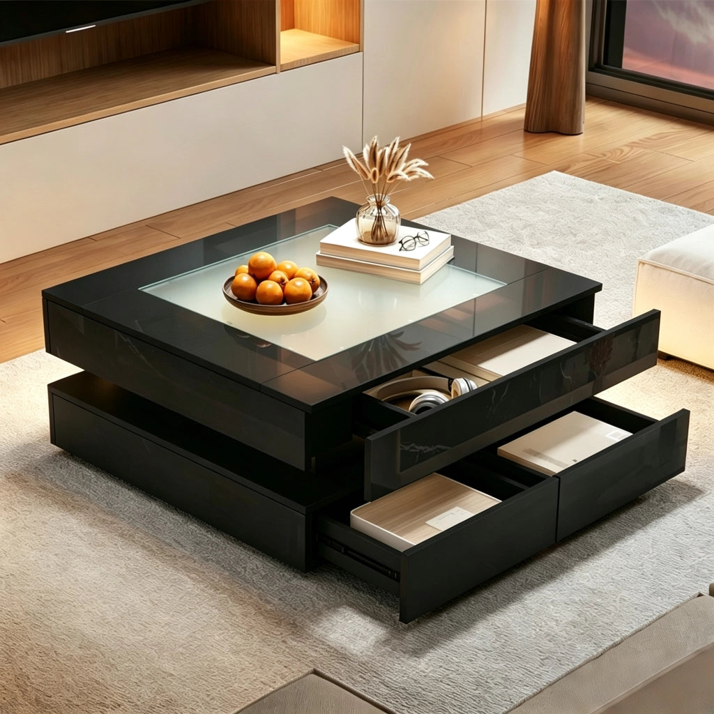 Tavolino basso quadrato con LED e 3 cassetti, piano in vetro temperato e finitura lucida nera 70 × 70 × 35 cm