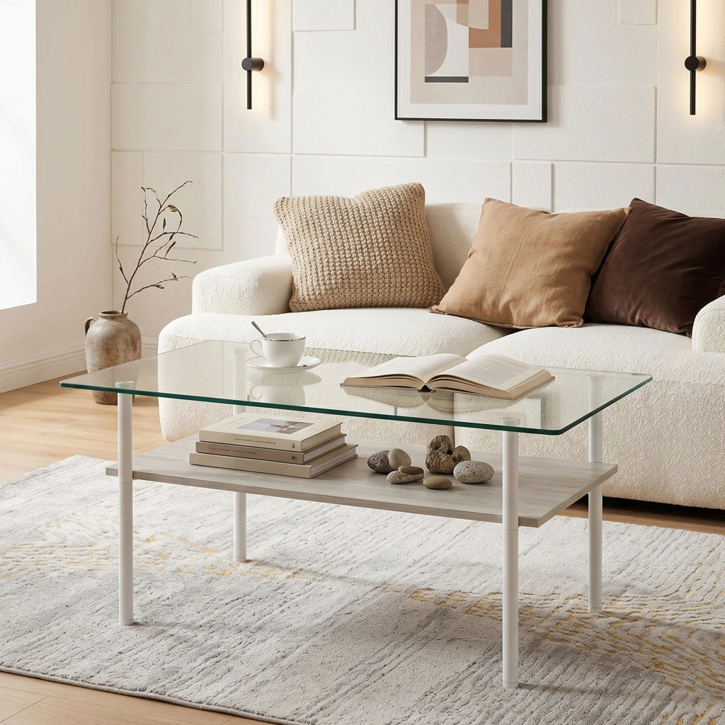 Tavolino da caffè con piano in vetro e ripiano, per soggiorno, bianco, 98×58×45 cm
