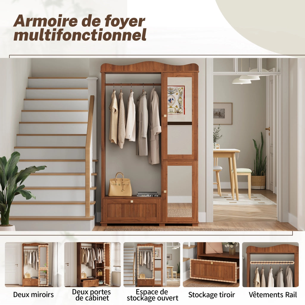 Guardaroba aperto con specchio intero barra appendiabiti ante e cassetti in MDF color noce 115.5 × 38.5 × 194.5 cm
