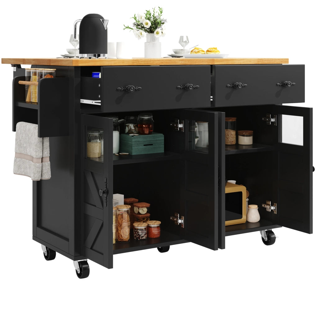 Isola cucina mobile con piano estraibile e 5 ruote, nera