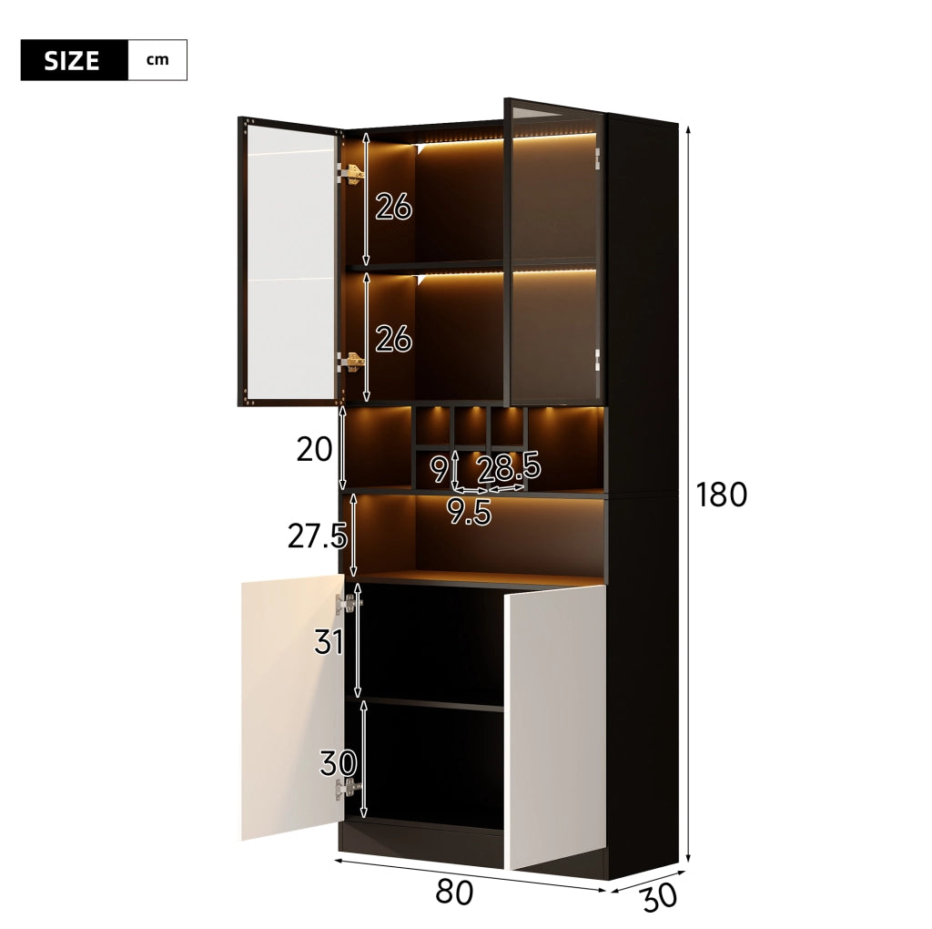 Vetrina alta in vetro con LED; 80x30x180 cm; truciolare e vetro temperato