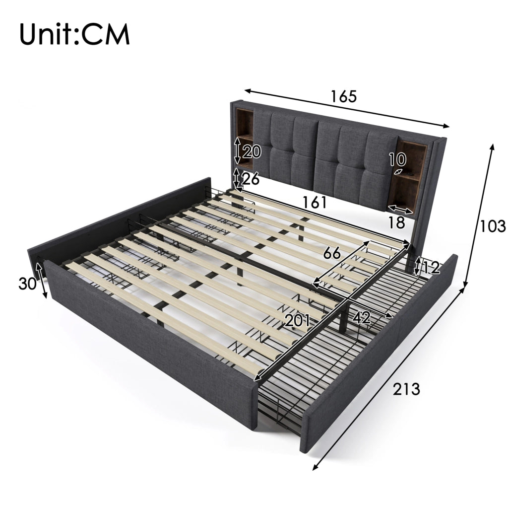 Letto Matrimoniale 160x200 cm con Ricarica Wireless USB-C, 4 Cassetti e Testiera in Lino Grigio Senza Materasso