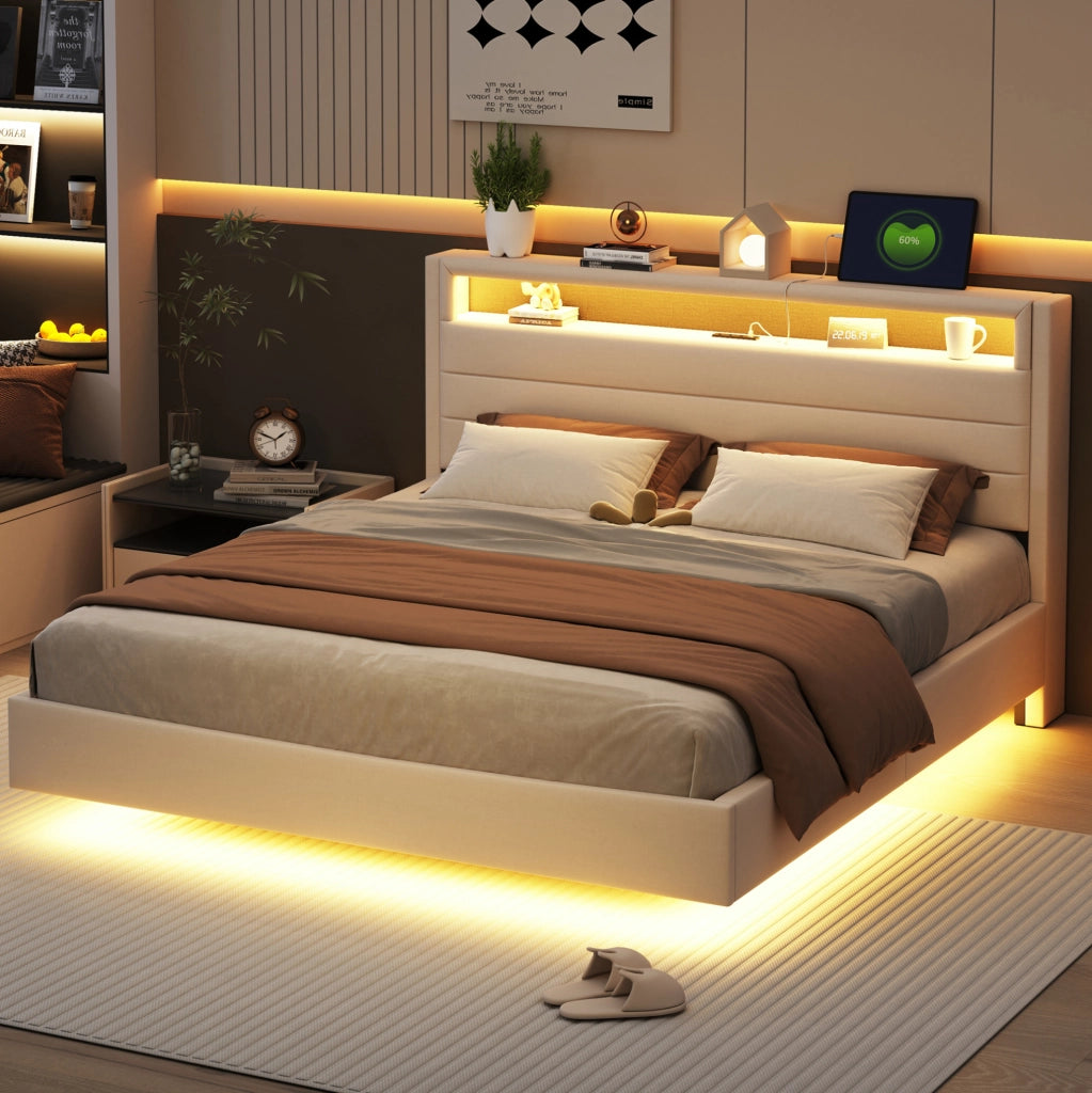 Letto matrimoniale imbottito ULEVR 160x200 cm con testiera girevole, USB e LED multicolore, beige