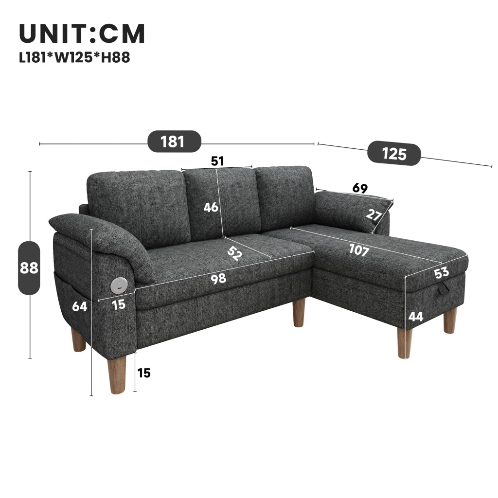 Divano angolare 3 posti 181x125 cm con chaise longue reversibile, USB-C e chenille grigio scuro