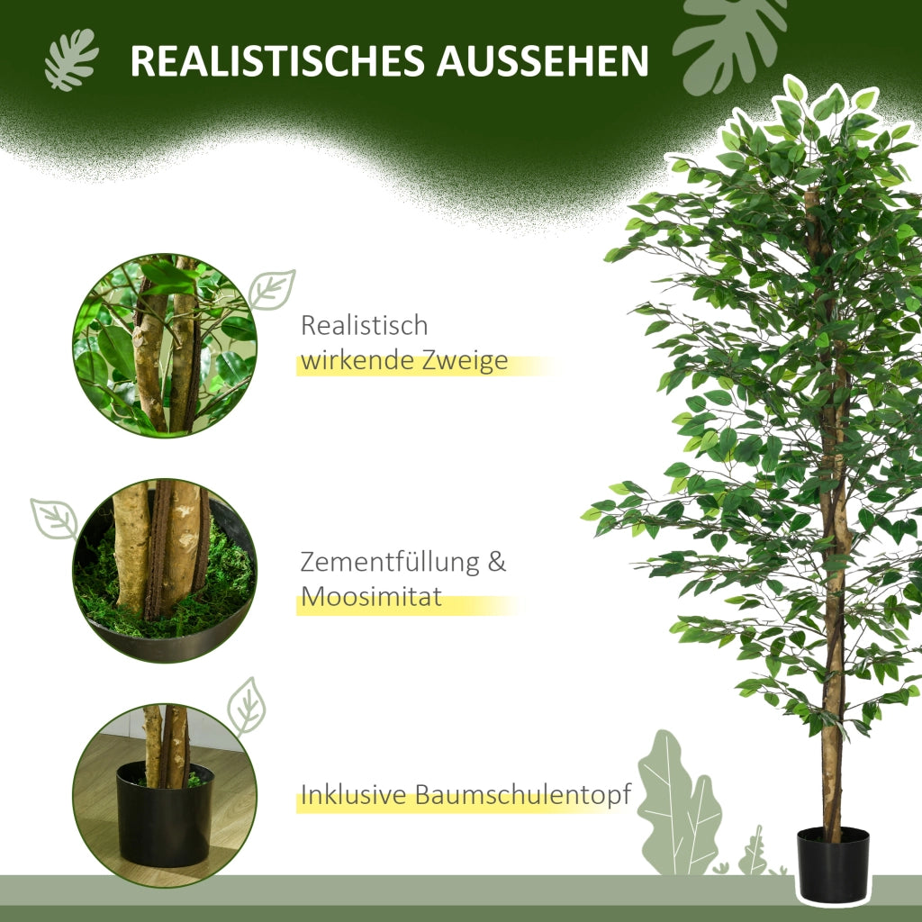 Ficus artificiale con 1260 foglie e vaso in cemento verde; altezza 180 cm per interni ed esterni