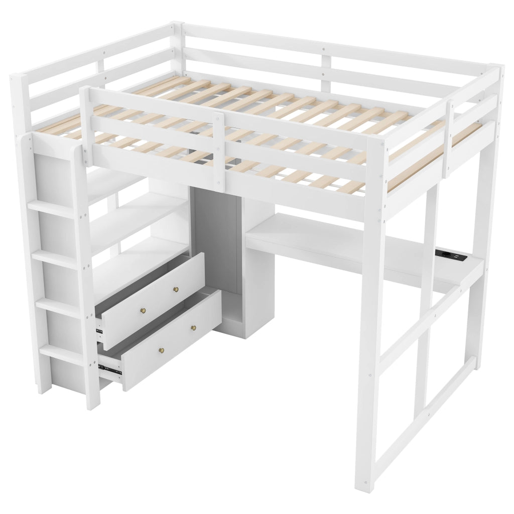 Letto a soppalco 140x200 con scrivania; LED; USB e contenitori; bianco