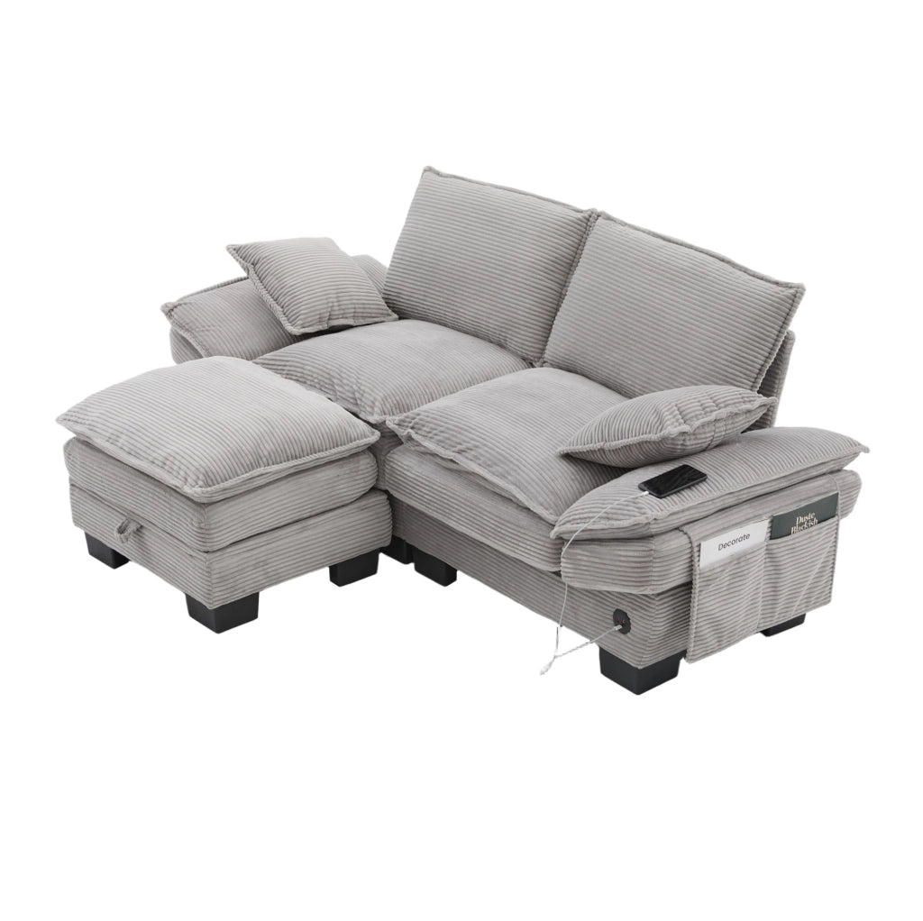 Divano 2 posti 190x132x84 cm in tessuto a coste grigio chiaro con pouf