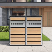 Copribidoni da giardino a 2 vani con coperchi idraulici e ante ventilate, acciaio grigio e legno 132 × 80 × 118.5 cm