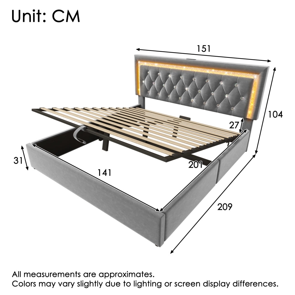 Letto matrimoniale con contenitore 140 × 200 cm imbottito in velluto grigio con LED USB e Type-C