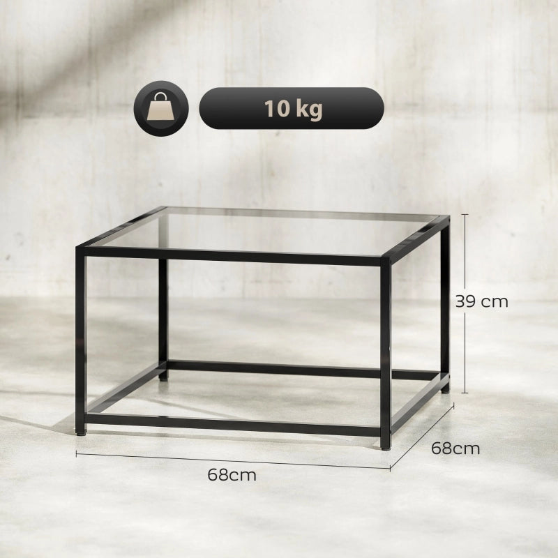 Tavolino basso fisso da soggiorno con piano in vetro temperato e struttura in acciaio nero 68 × 68 × 39 cm
