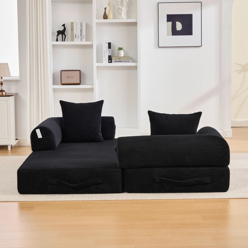 Divano modulare nero in velluto a coste con tasca laterale e 3 cuscini; 200x94x67 cm