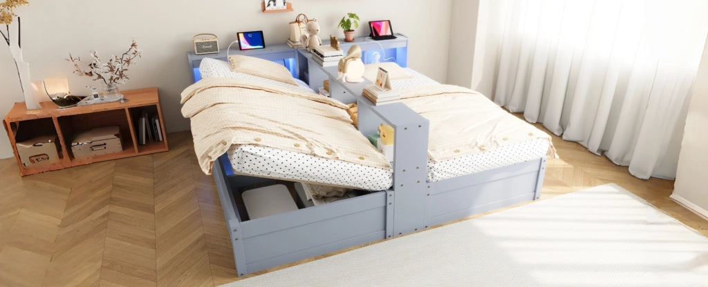 Letto Multifunzionale in Legno Massello 90/180 × 200 cm con Luci LED, Meccanismo Idraulico e Doppia Presa Euro, Grigio