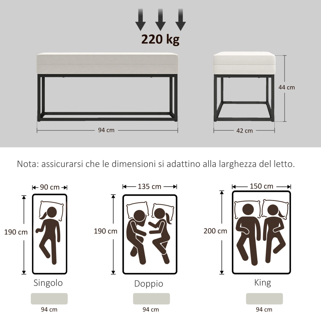 Panca da Ingresso Moderno in Acciaio, Spugna e Tessuto Vellutato con Piedini Regolabili, 94x42x44 cm, Crema