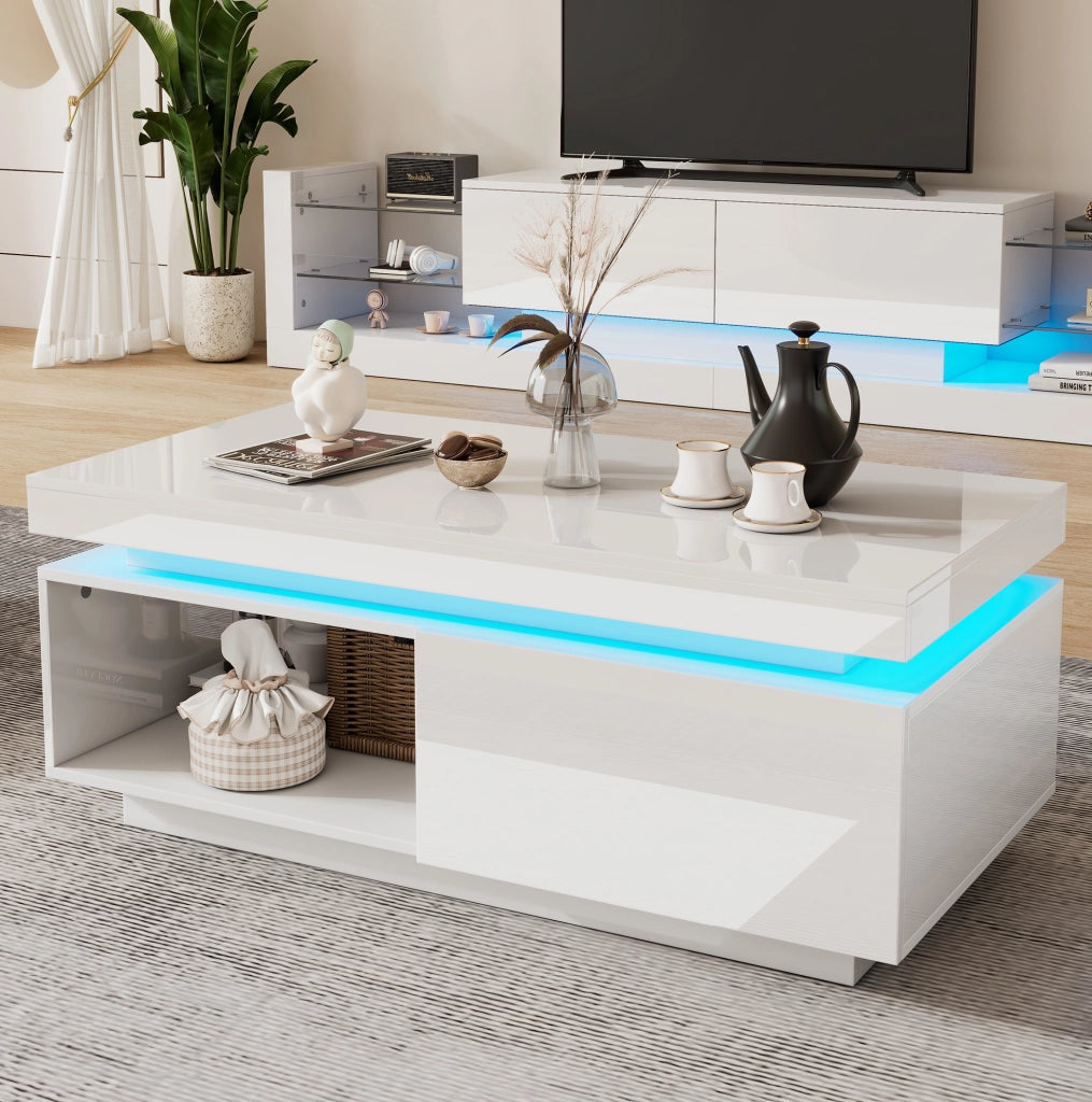Set soggiorno con mobile TV 181 cm e tavolino da salotto LED bianco lucido HOMVRA