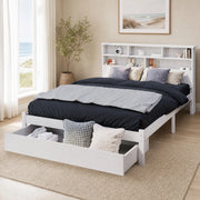 Letto matrimoniale con cassetti 140 ¡Á 200 cm in legno bianco con testiera libreria e rete a doghe
