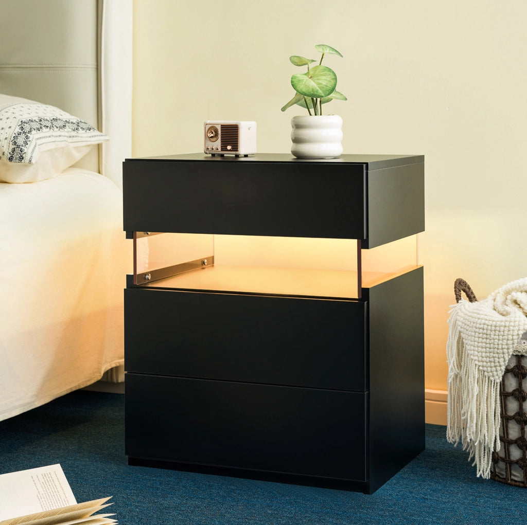 Comodino LED nero con 3 cassetti e pannello acrilico