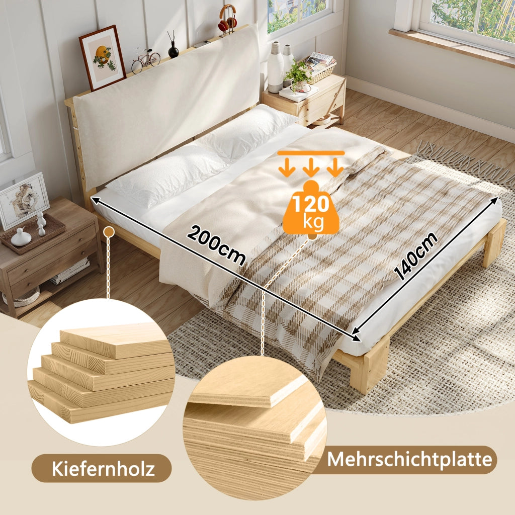 Letto imbottito 140x200 cm in legno di pino con schienale imbottito; naturale