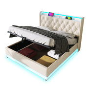 Letto contenitore matrimoniale 160×200 cm con LED, USB Type-C e testiera imbottita, materasso incluso, bianco PU