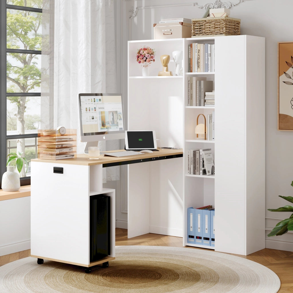 Scrivania dritta pieghevole 2 in 1 con libreria presa UE porte USB ripiani regolabili MDF bianco rovere