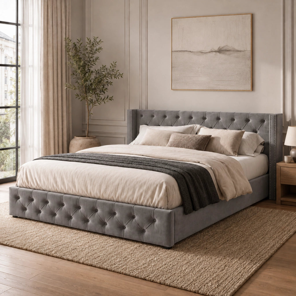 Letto matrimoniale 160x200 cm con contenitore idraulico in velluto; grigio
