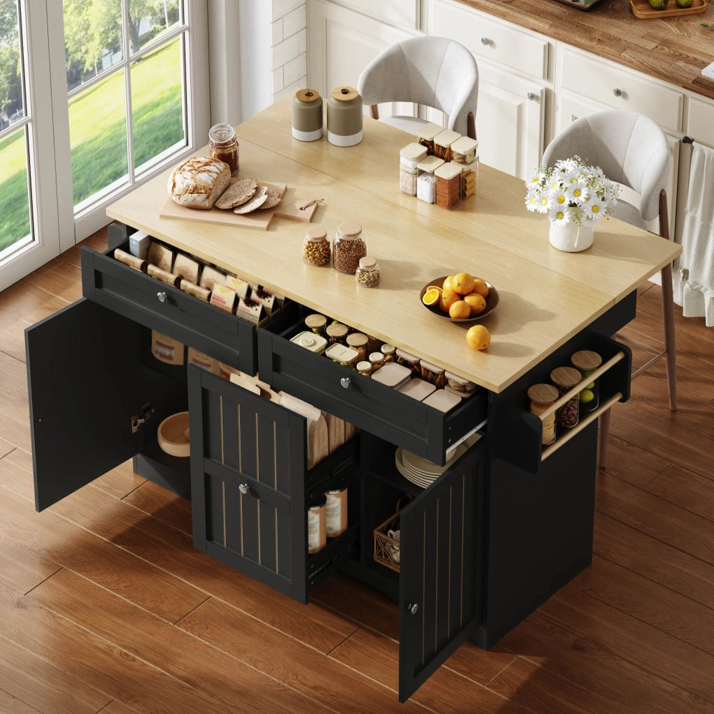 Isola da cucina, piano ribaltabile, con armadietti, rotelle, 2 cassetti, finitura effetto legno, nero