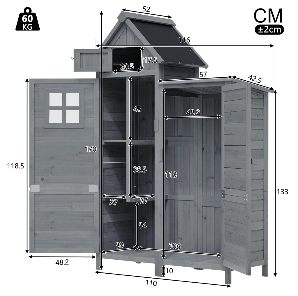 Armadio da esterno a doppia porta in legno massello di abete 110x52x170 cm grigio
