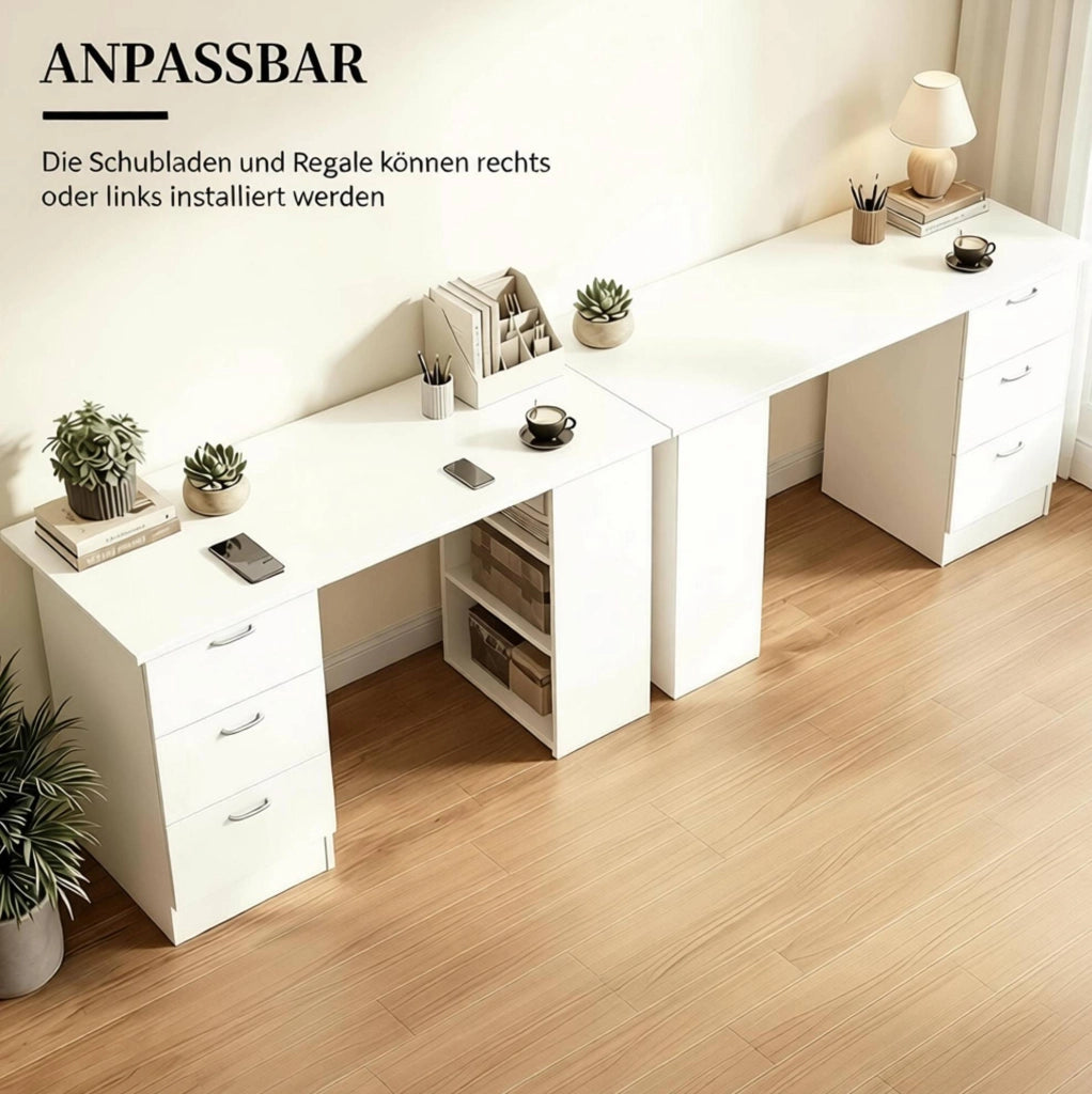 Scrivania per computer in MDF bianco con 3 cassetti e 3 ripiani