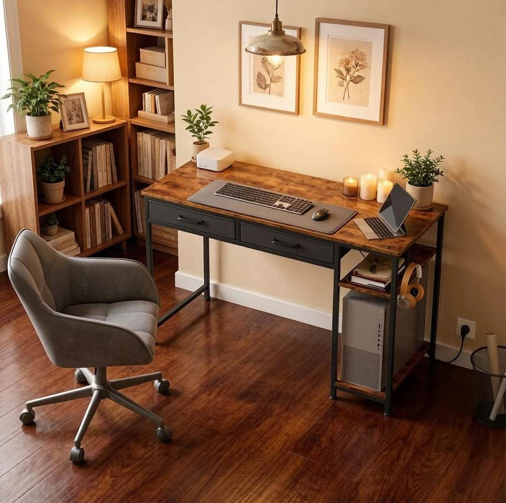 Scrivania moderna DESMIU con 2 cassetti in tessuto e mensola laterale, 120x51x75 cm, colore Rustico Marrone